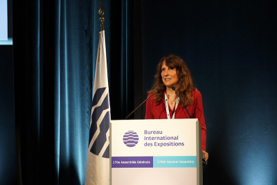 Curator of the XXIII Triennale Milano, astrophysicist Ersilia Vaudo, addressing the 170th General Assembly of the Bureau International des Expositions (BIE)