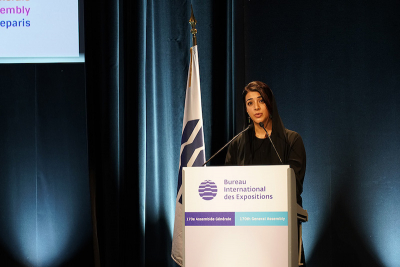 H.E. Reem Al Hashimy, UAE Minister of State for International Cooperation and Director General of Expo 2020 Dubai, addressing the 170th General Assembly of the Bureau International des Expositions (BIE)